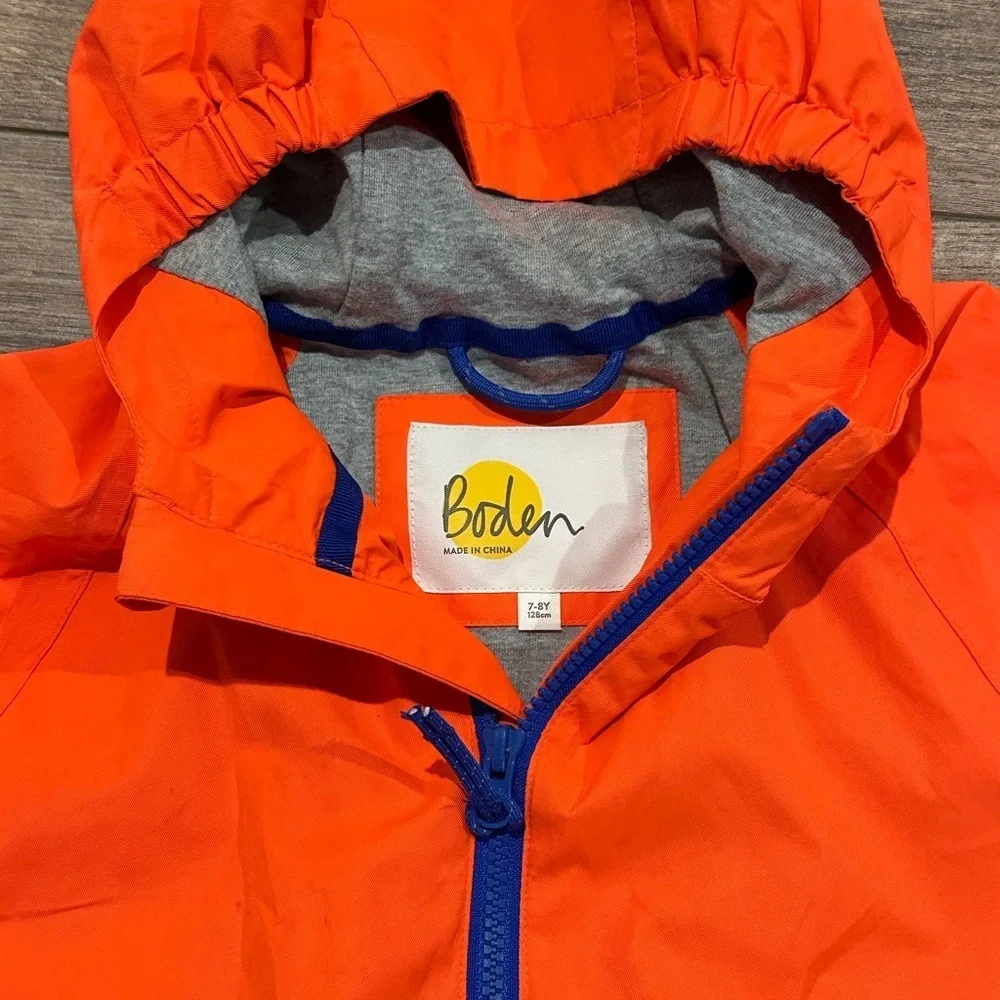 Boden Kids 7-8 Orange Rain Jacket with Blue Accents